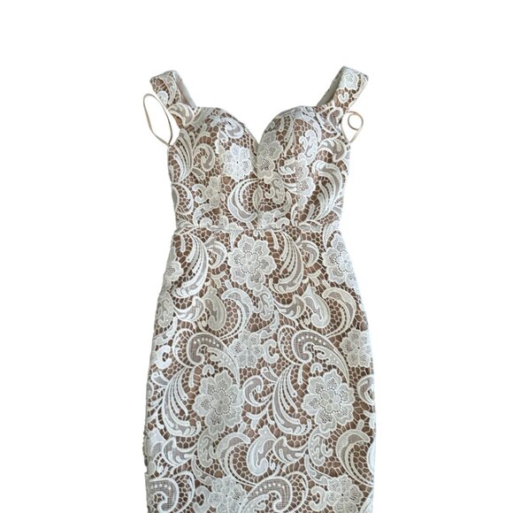 SISTARESS White Lace Nude Lined MIDI Weddjng Cocktail Dress Size Small - Picture 2 of 9